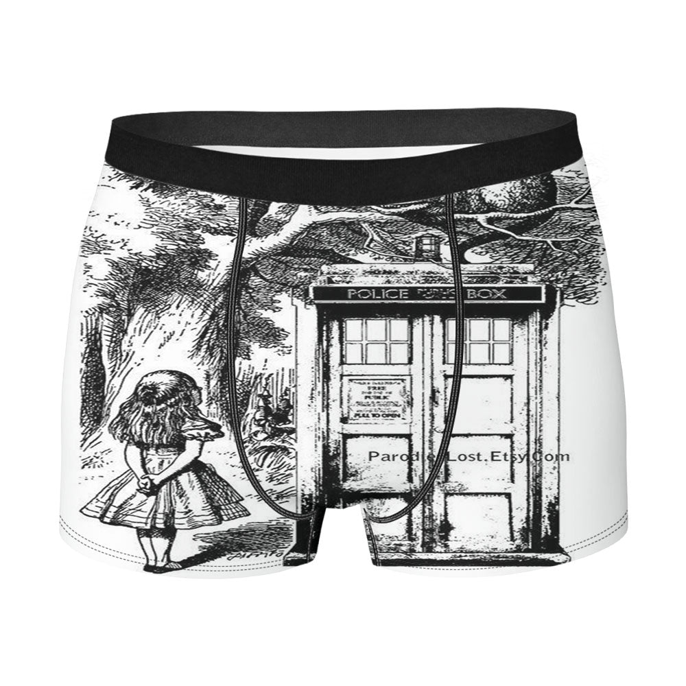 Alice In Wonderland And Cat On Doctor Who Box Men'S Boxer Briefs