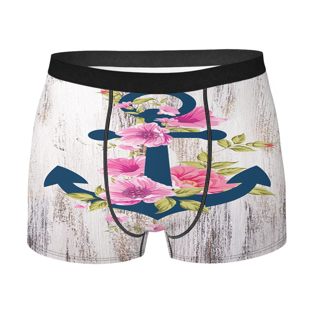 Navy Blue Anchor X Flowers X Wood Design Men'S Boxer Briefs