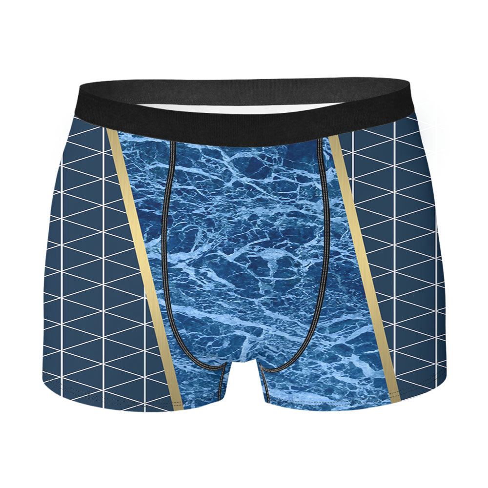 Navy White Marble Geometric Triangle And Gold Line Pattern Men'S Boxer Briefs