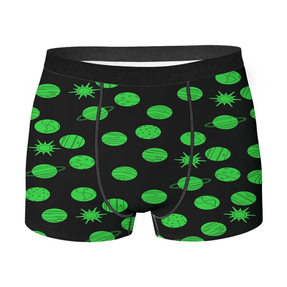 Black Green Planet Pattern Doodle Men's Boxer Briefs