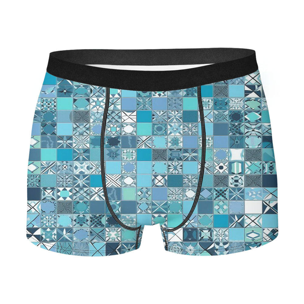 Blue Tile Pattern With The Word Love On It. Men's Boxer Briefs