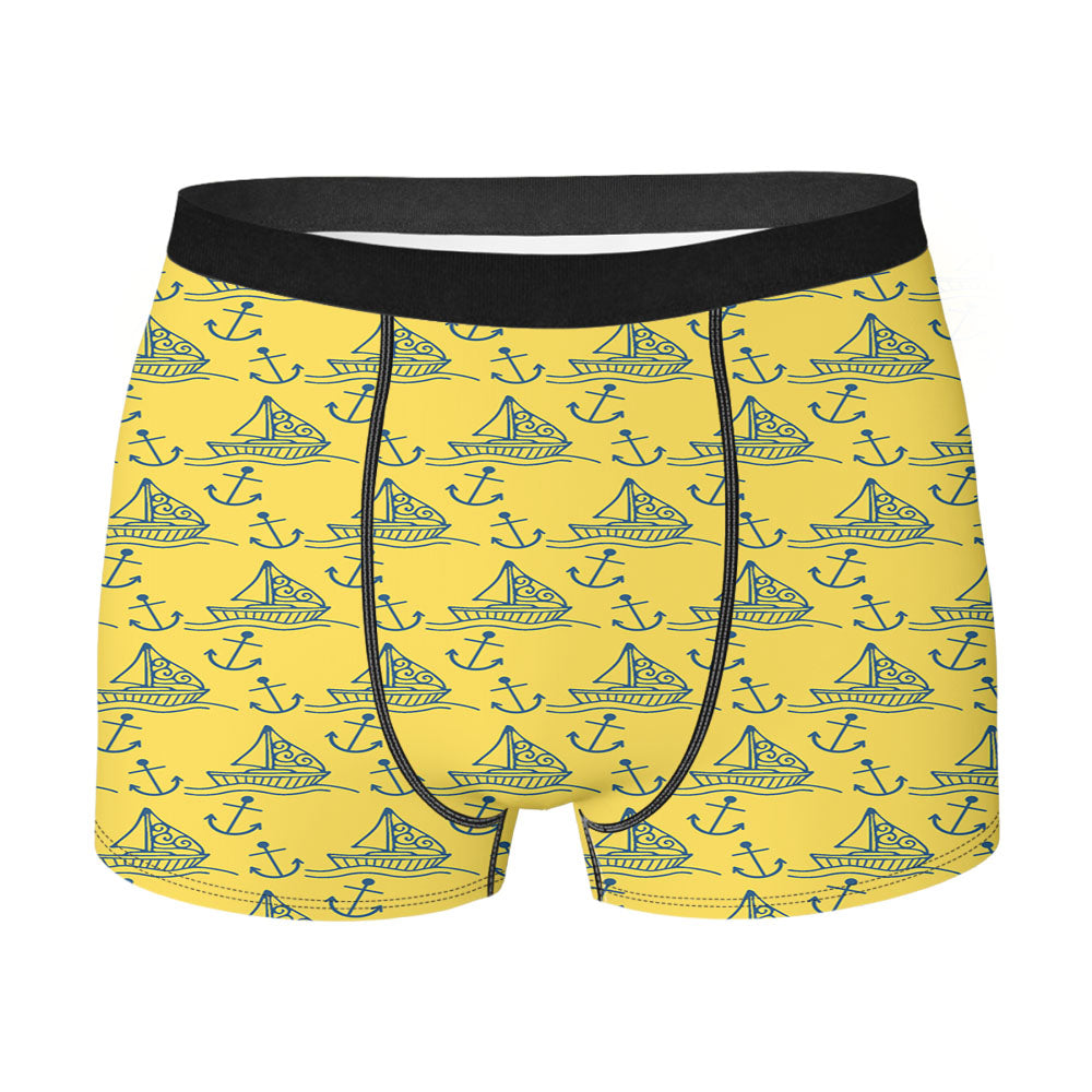 Blue Yellow Sailor Ship Pattern Men's Boxer Briefs