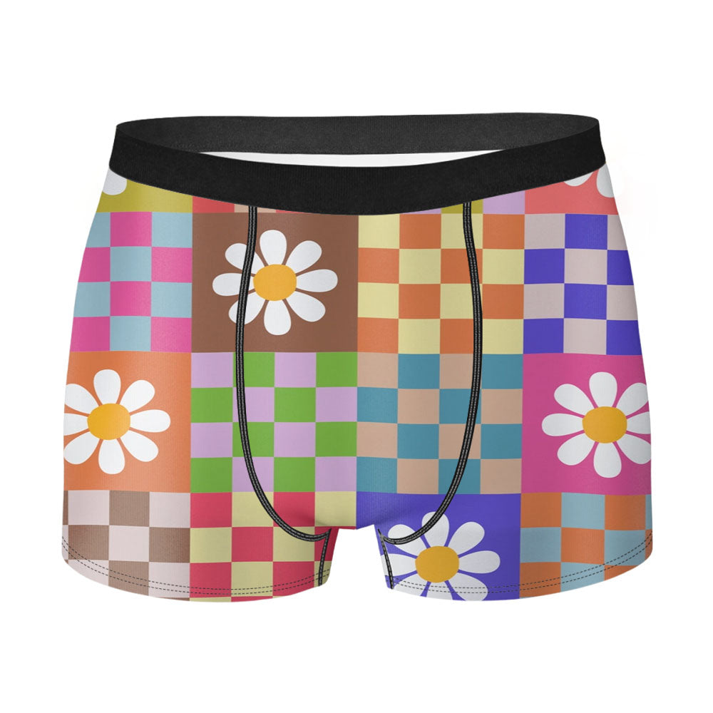 Checkered Floral Mid Century Men's Boxer Briefs