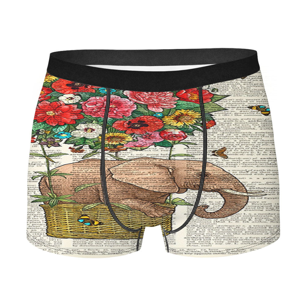 Elephant Poster Flying Floral Dictionary Men's Boxer Briefs
