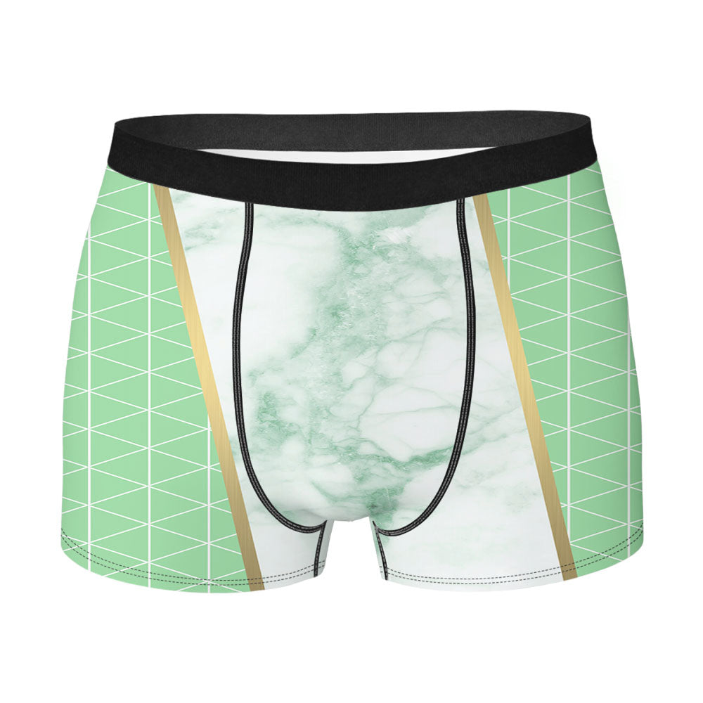 Green White Marble Geometric Triangle And Gold Line Pattern Wallpaper Men's Boxer Briefs