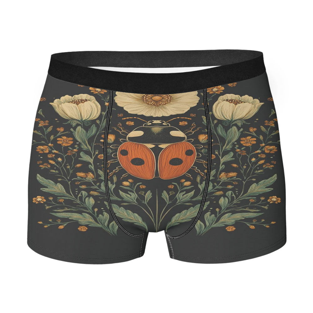 Ladybug Dark Botanical Motif Men's Boxer Briefs