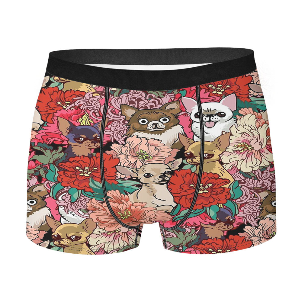 Many Chihuahua Over Flowers Men's Boxer Briefs