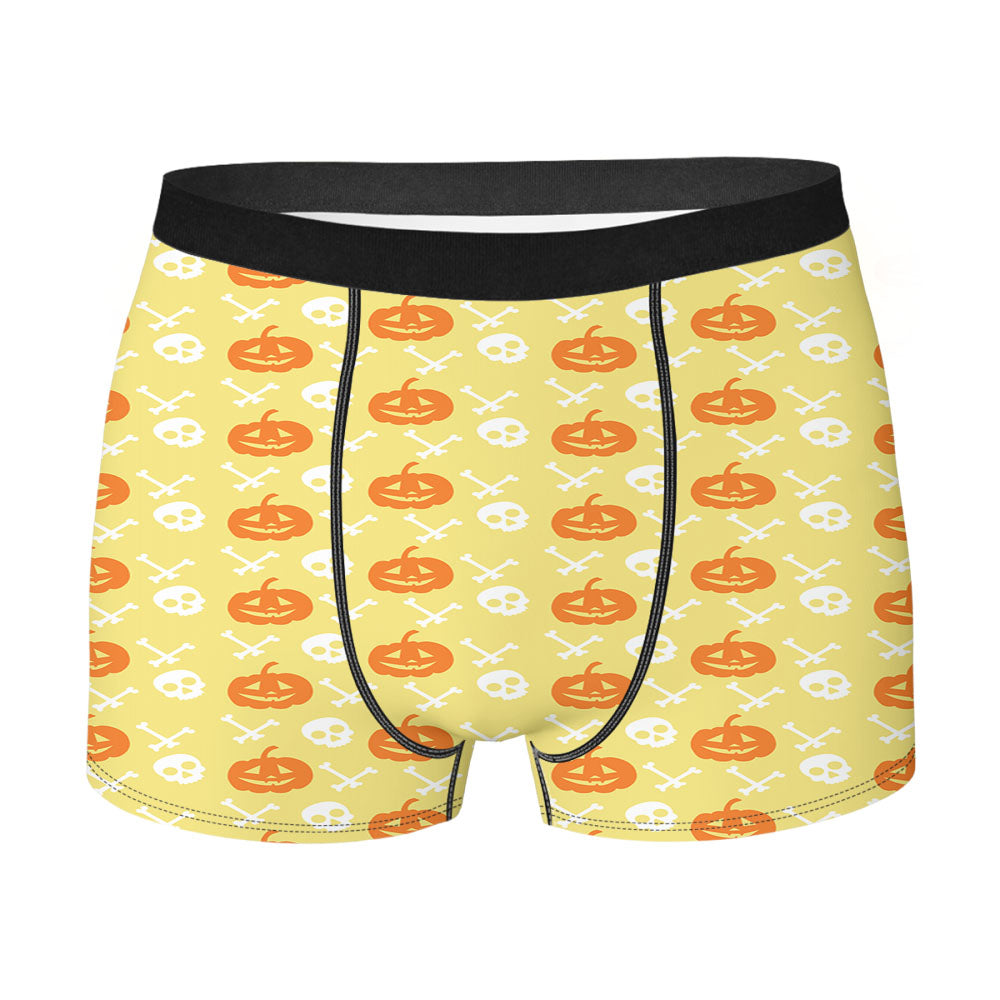 Yellow Cream Pattern Pumpkins Bone And Head Skeleton Halloween Prints Men's Boxer Briefs