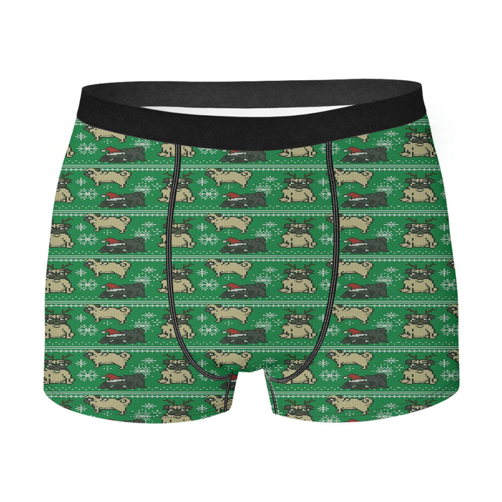 Christmas Pug Green Winter Pattern Men's Boxer Briefs