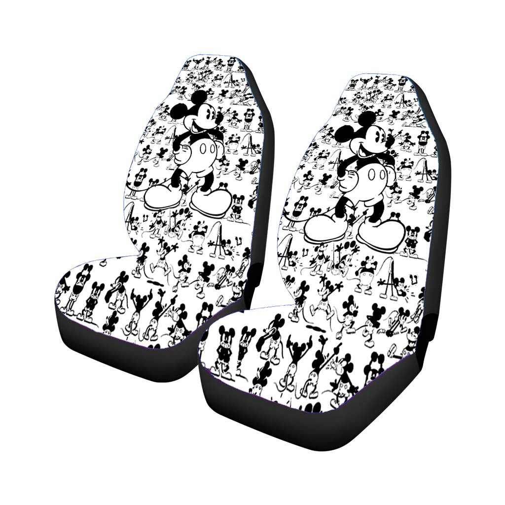 Mickey Mouse Black White Cartoon Collage Car Front Seat Covers