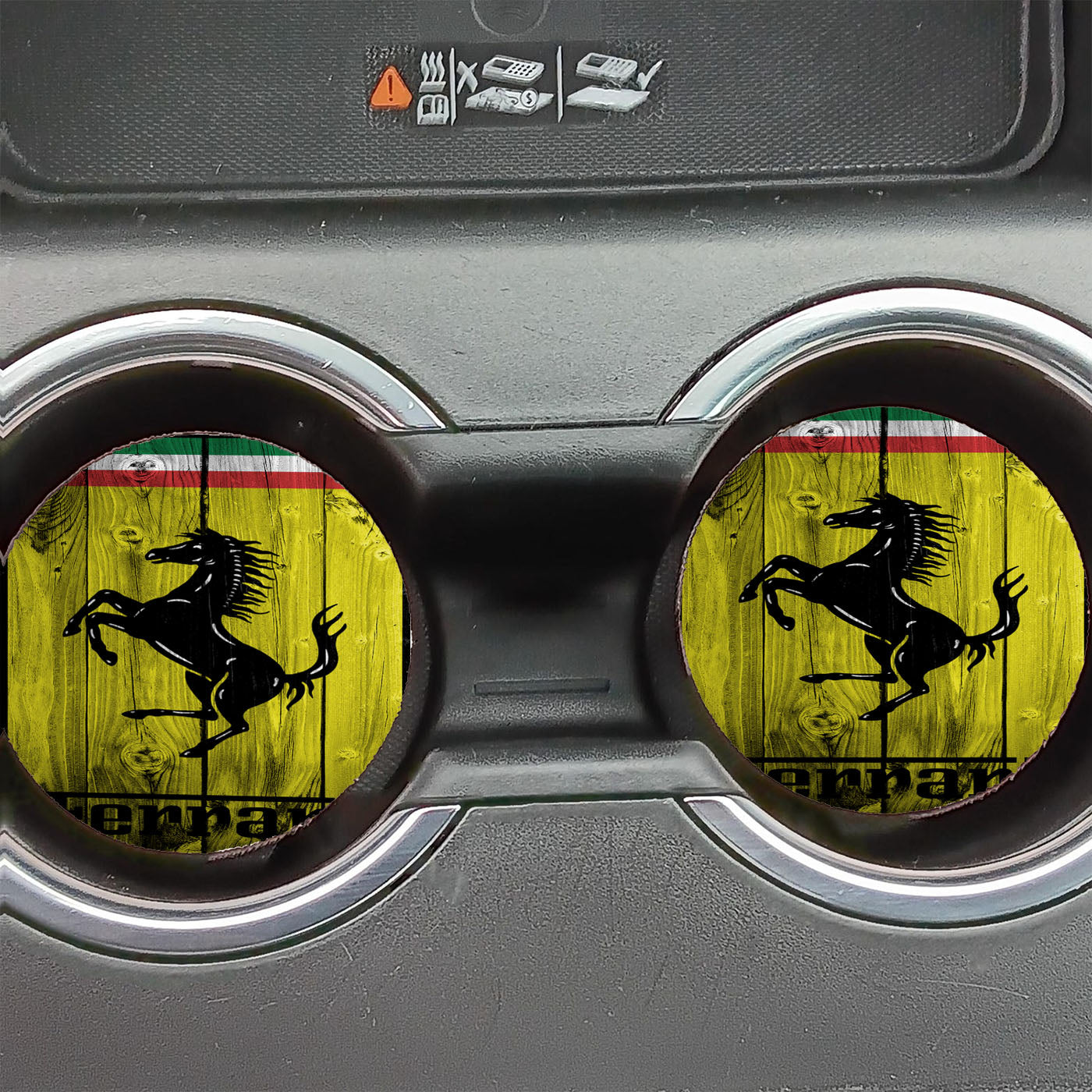 Full Ferrari Logo Dark Wood Wallpaper Car Coasters