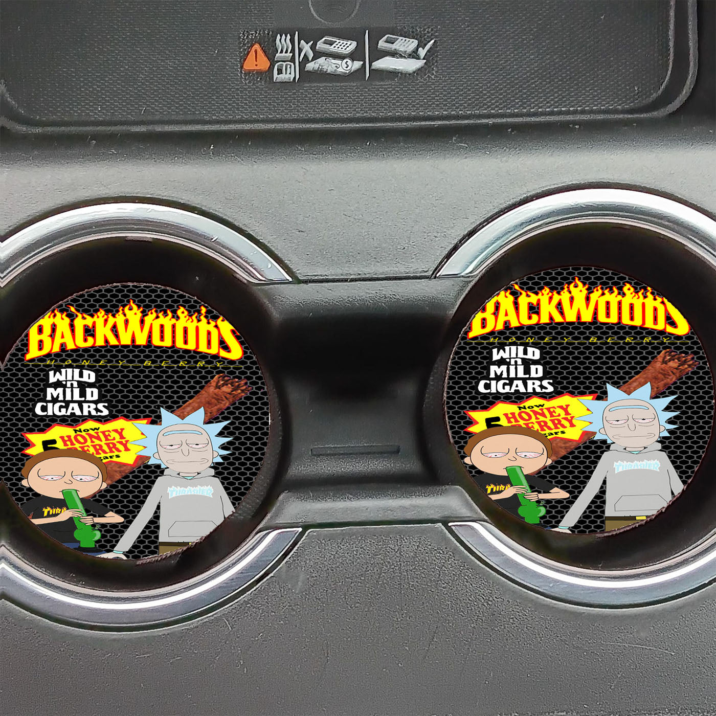 Black Rick And Morty Thrasher Flames Backwoods Car Coasters