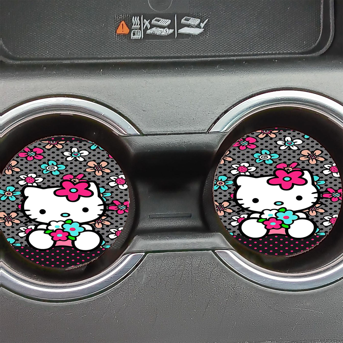 Hello Kitty With Dots And Flower Background Car Coasters