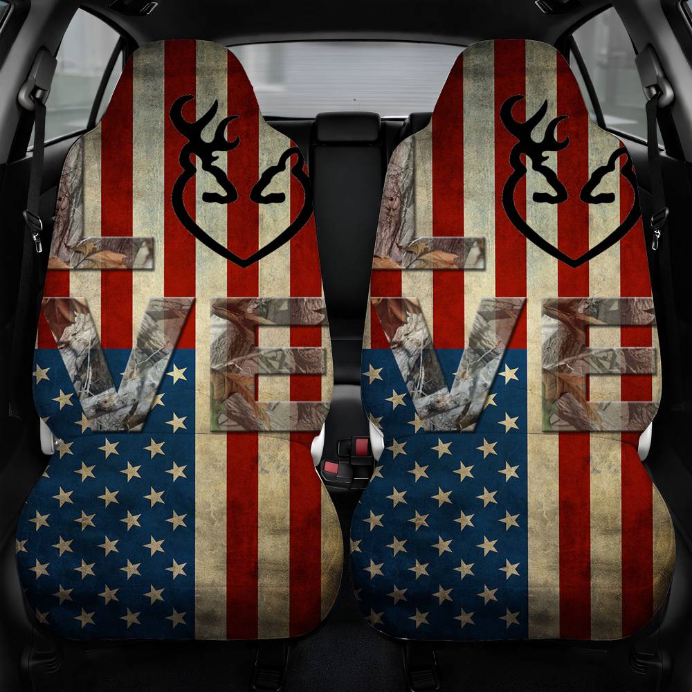 Deer Camo With Love Flag Car Seat Cover Front Pair