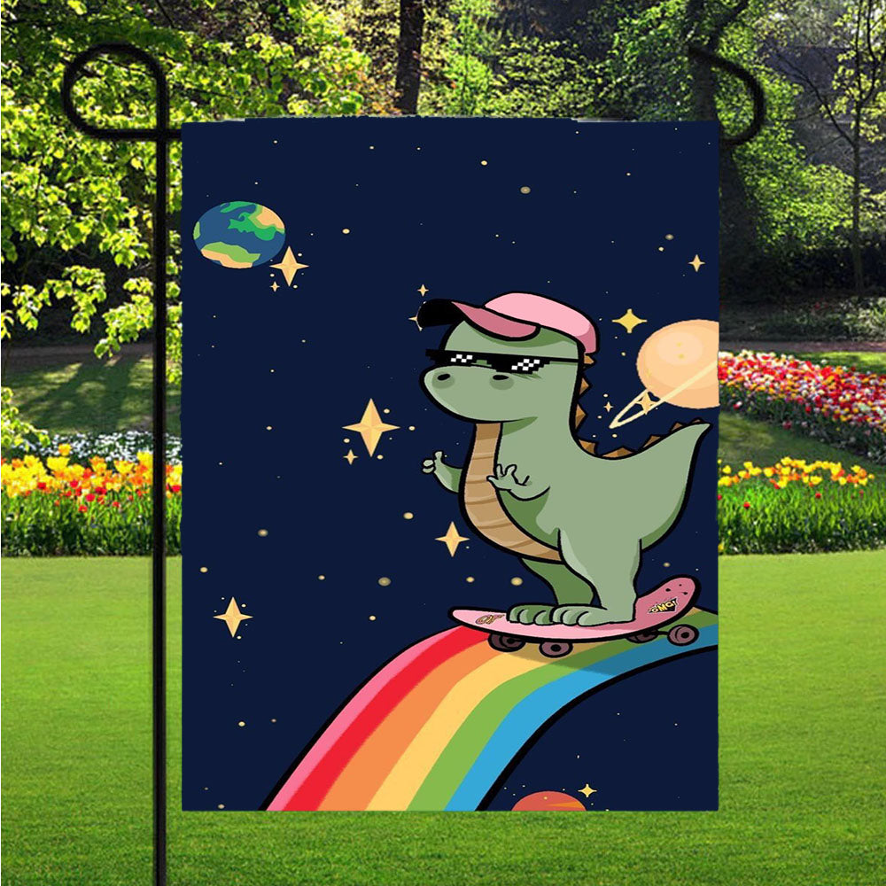 Dinosaur Cute Dino Space Cartoon Garden Flags Lawn 12 X 18 Inch
