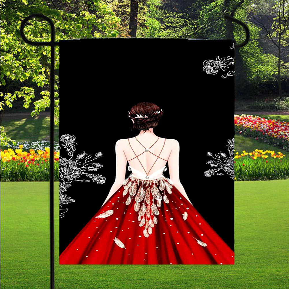 Fluffy Red Dress Girl Garden Flags Lawn 12 X 18 Inch