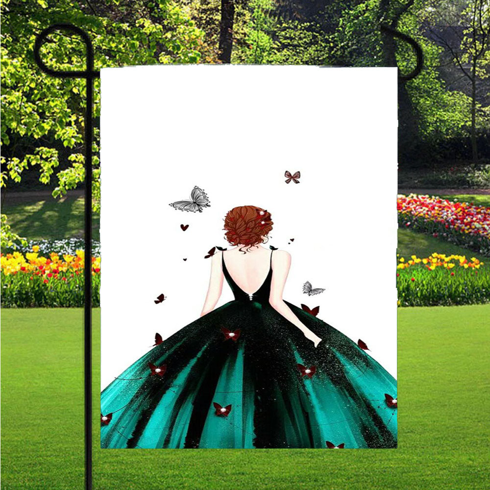 Girl On Green Dress Garden Flags Lawn 12 X 18 Inch