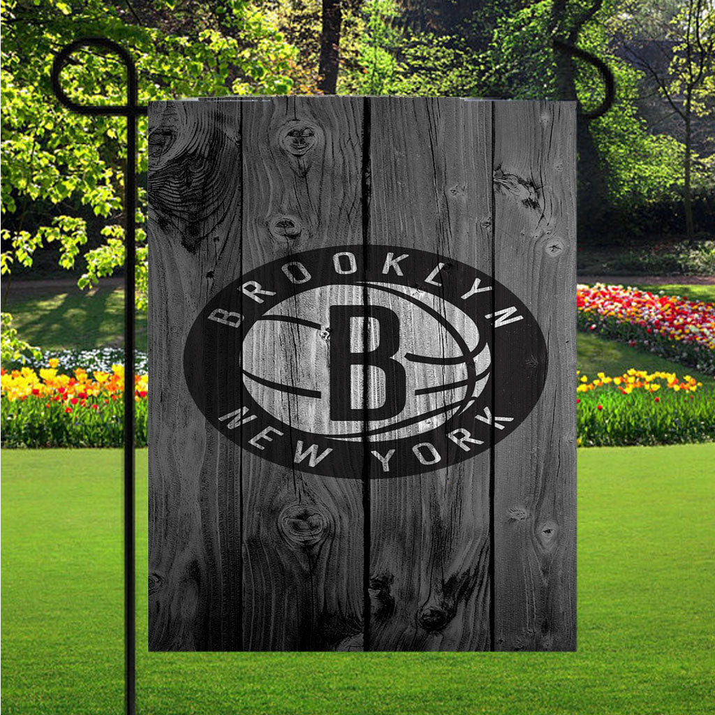 Brooklyn Nets New York Logo Nba Dark Wood Wallpaper Garden Flags Lawn 12 X 18 Inch