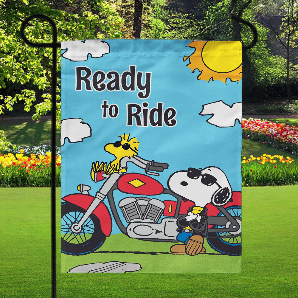 Peanuts Motorcycle Joe Snoopy Ready To Ride Garden Flags Lawn 12 X 18 Inch