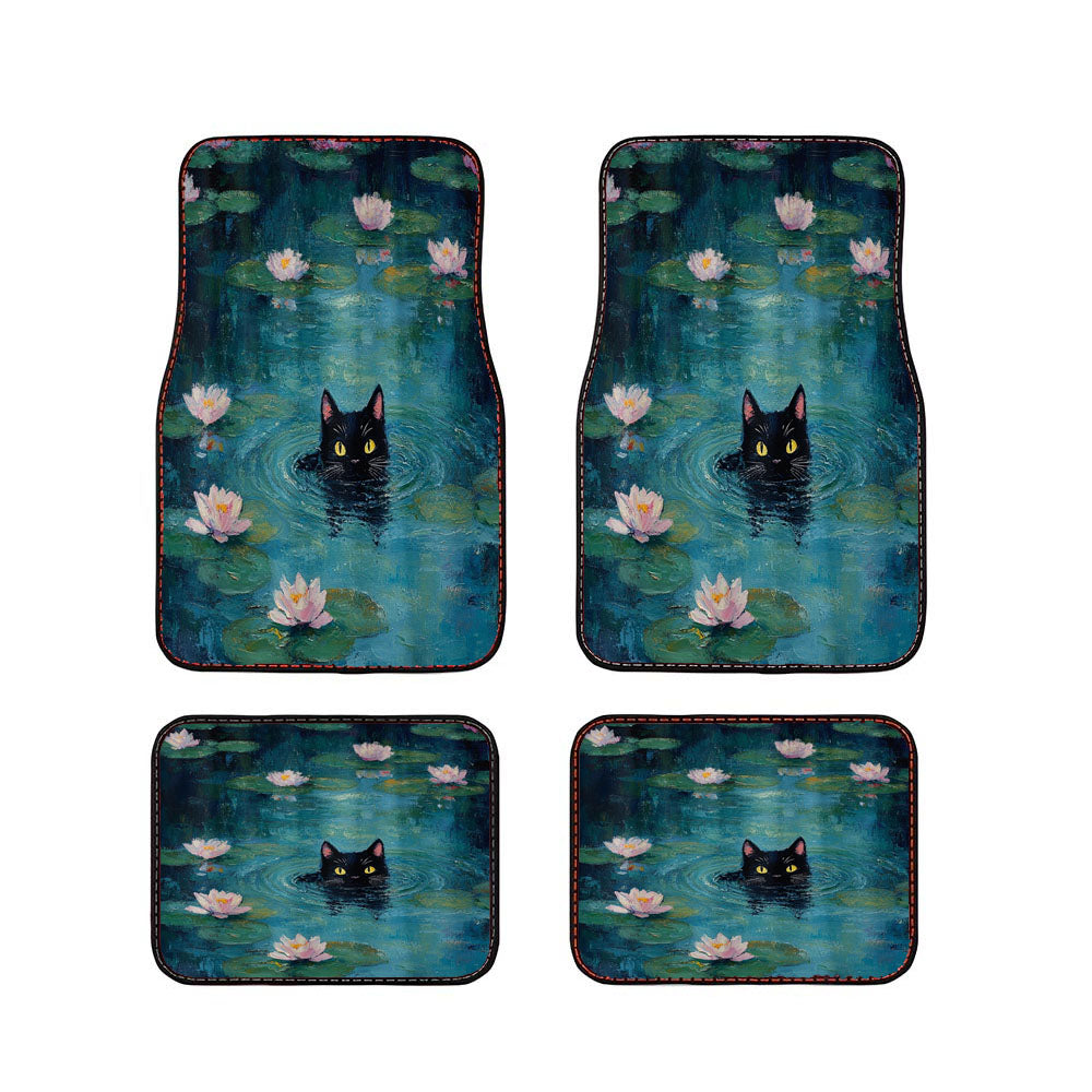 Black Cat And Lotus Car Floor Mats Accessories