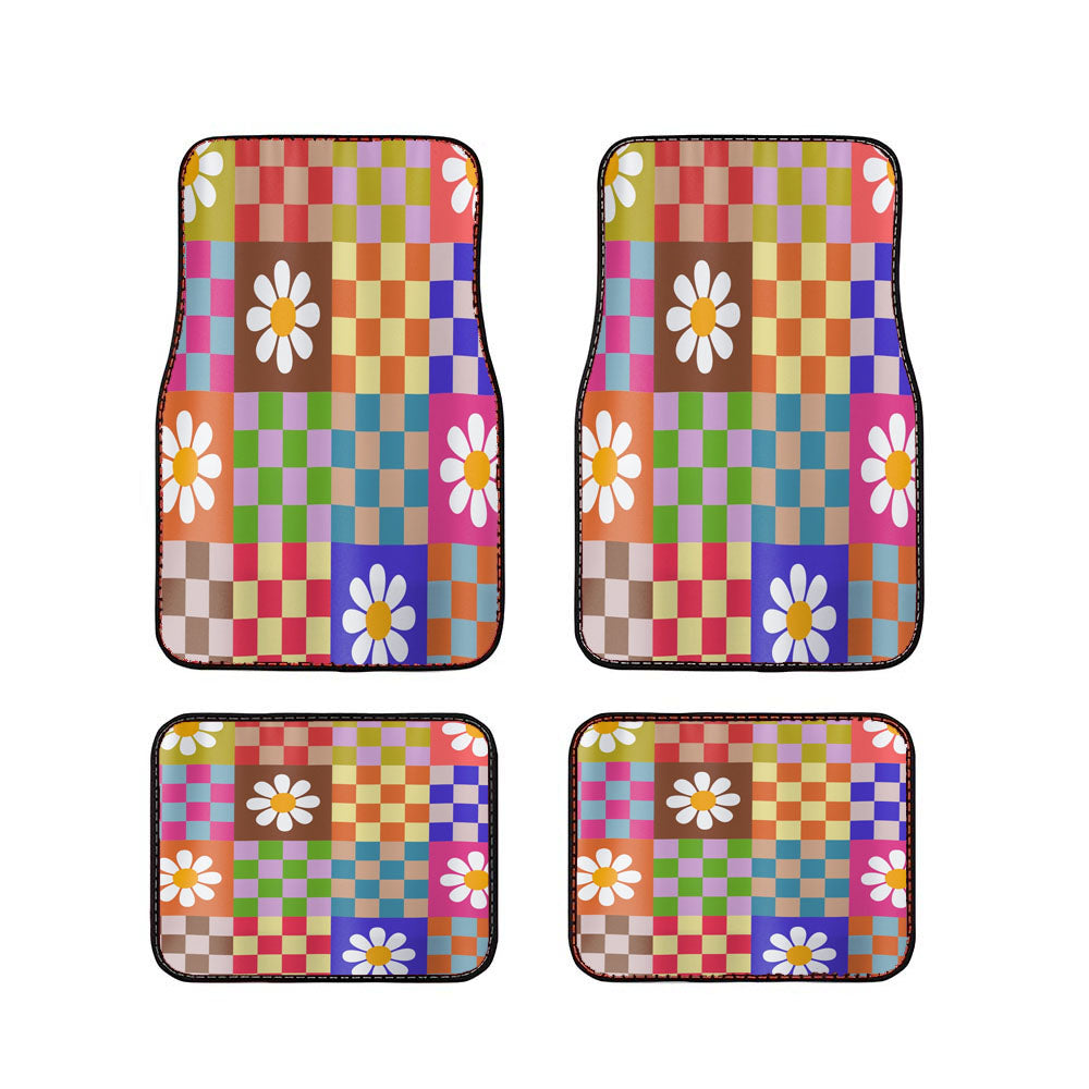 Checkered Floral Mid Century Car Floor Mats Accessories
