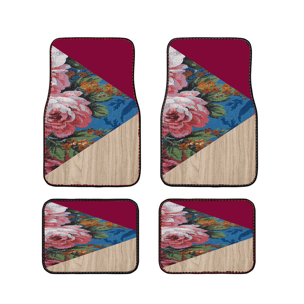 Geometric Floral Print X Red Wood Car Floor Mats Accessories