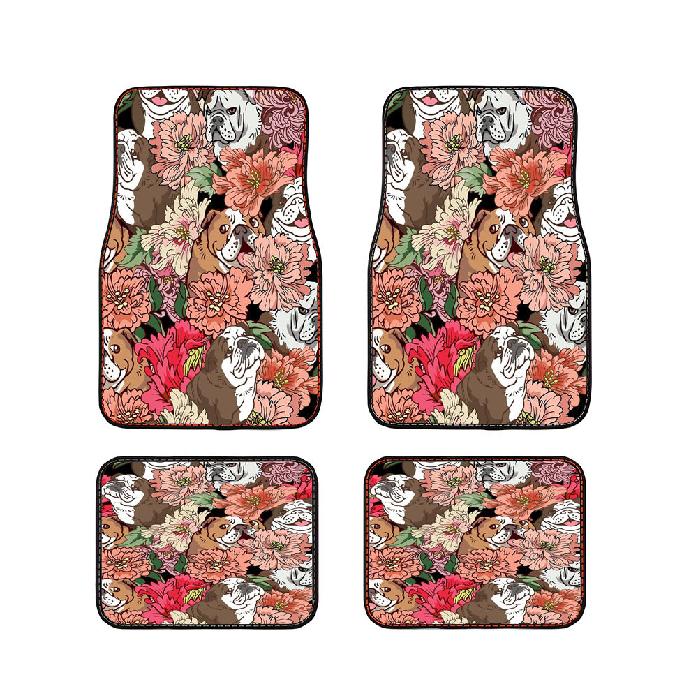 Many English Bulldog Over Flowers Car Floor Mats Accessories