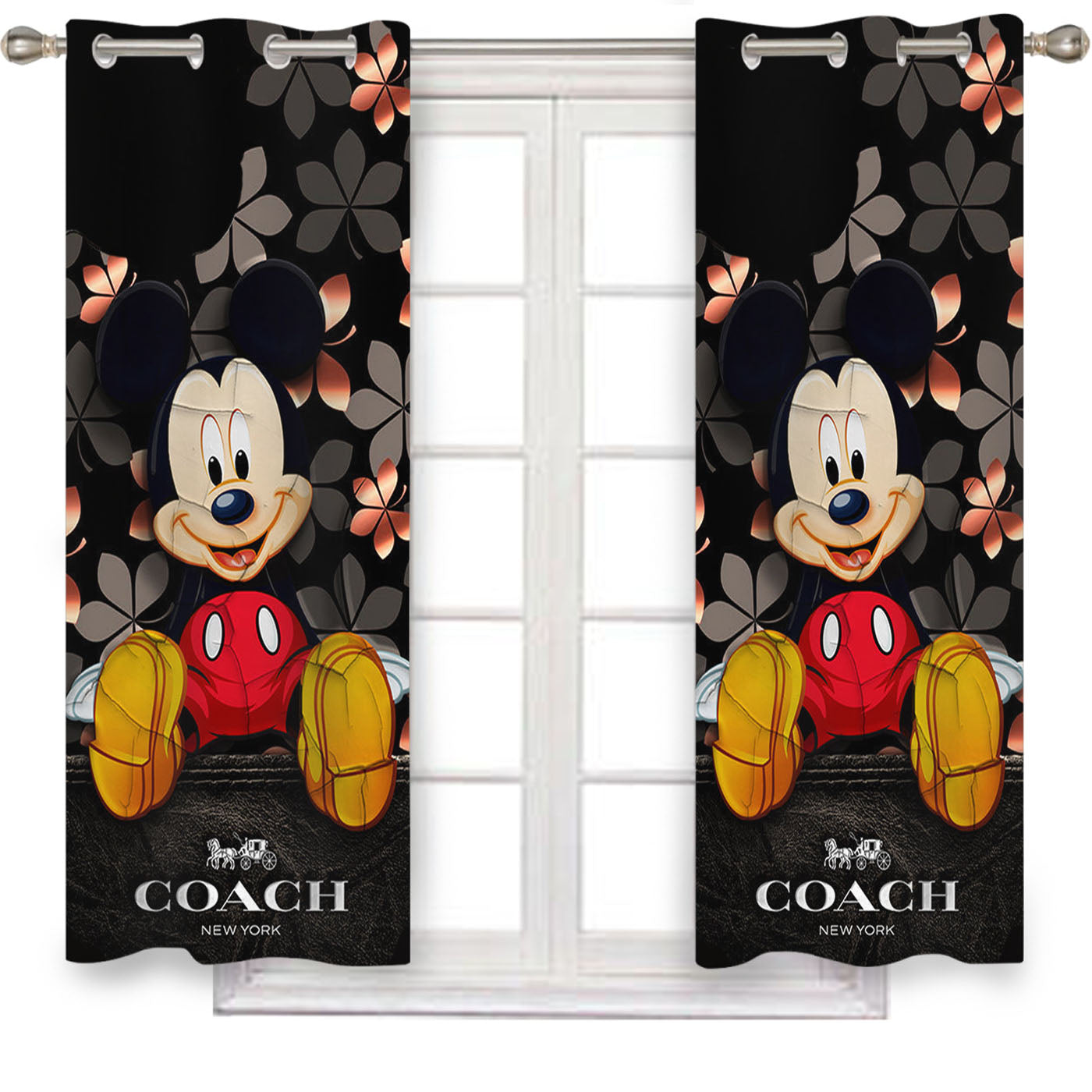 Mickey Mouse Coach Black Flowers Window Curtains
