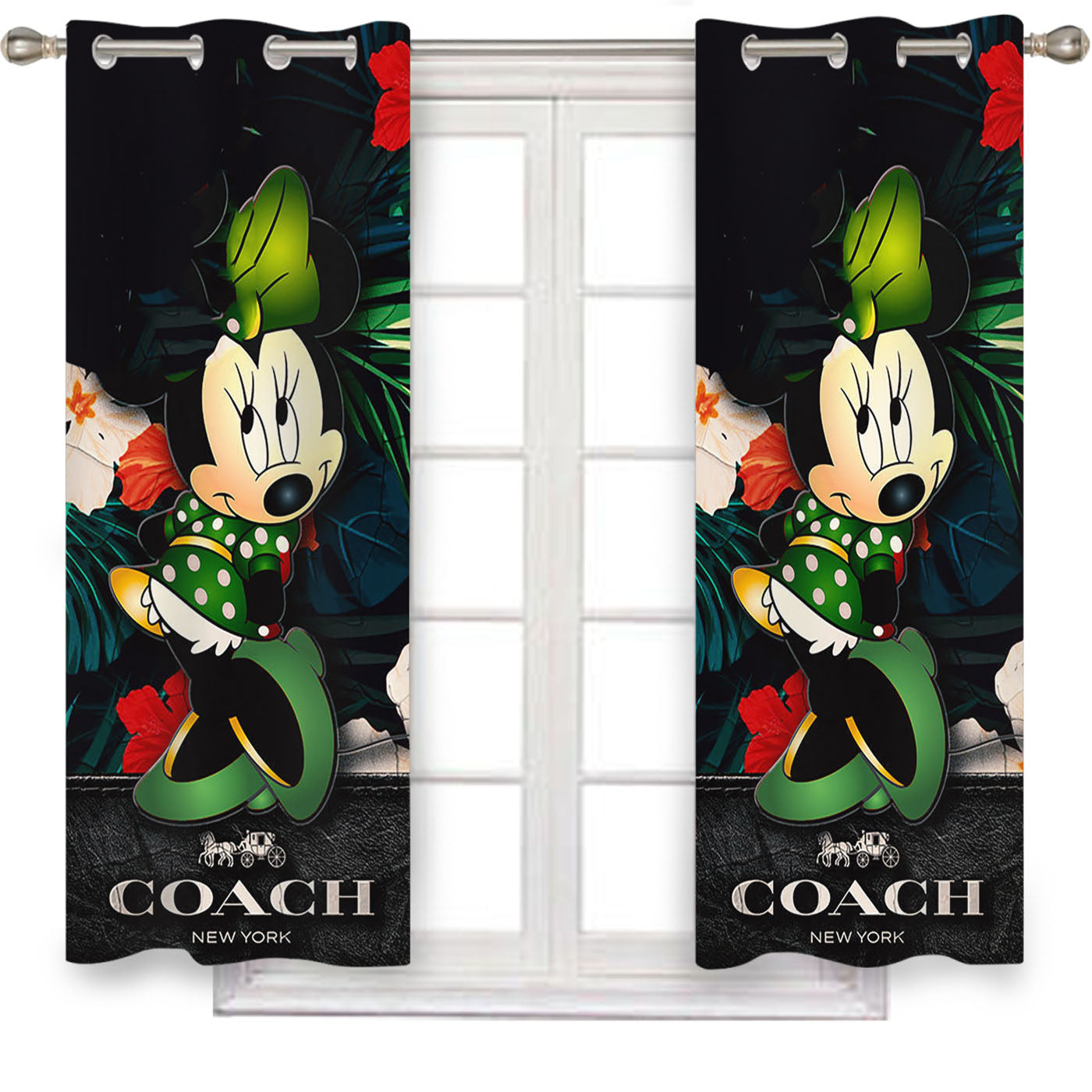 Minnie Mouse Coach Green Flowers 8 Window Curtains