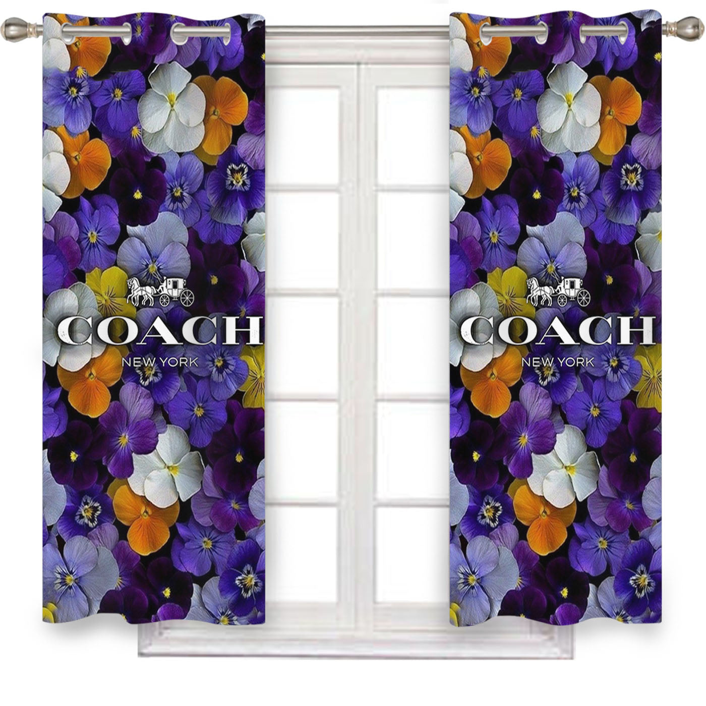 Purple Flowers Coach New York Window Curtains