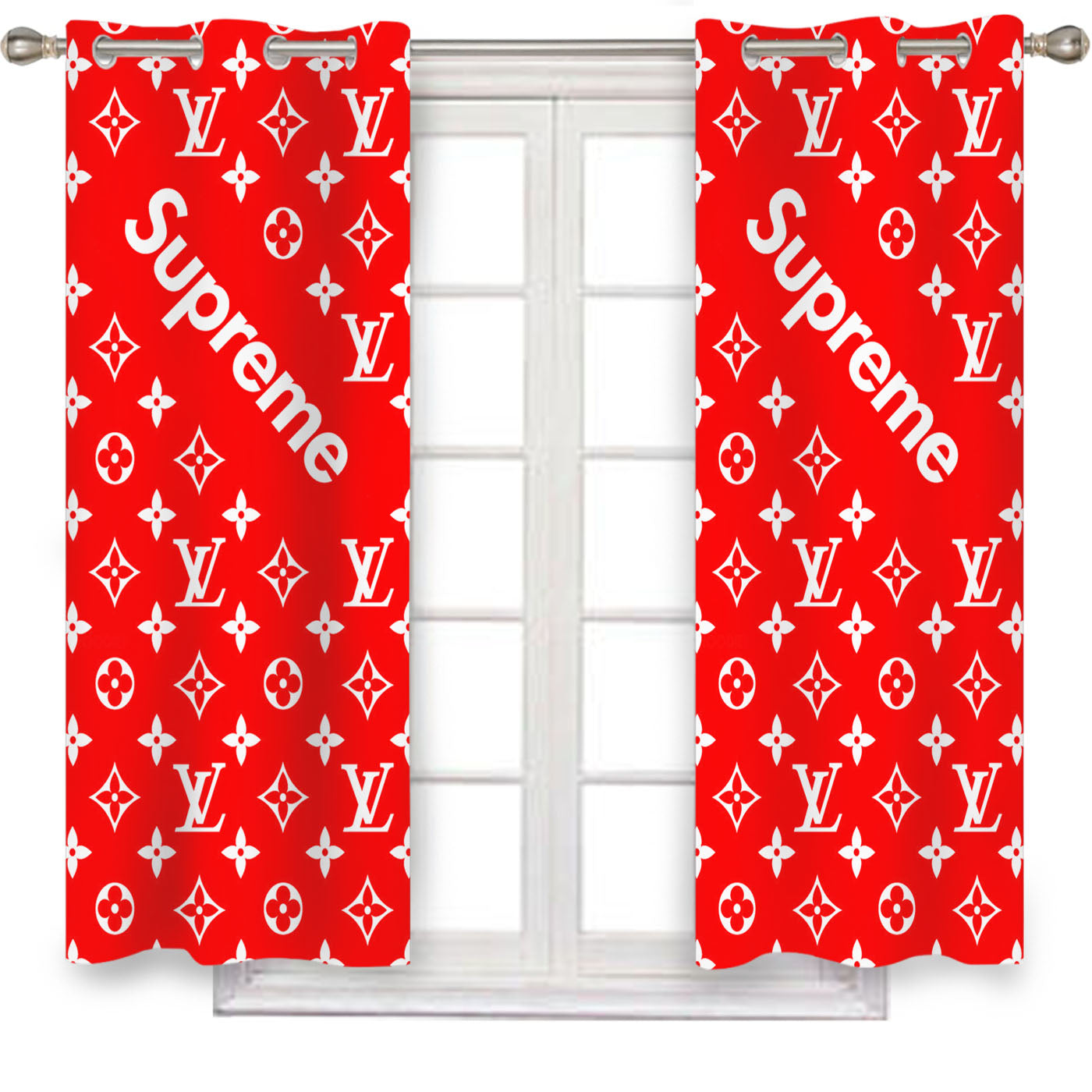 Red Supreme Louis Vuitton Pattern Window Curtains