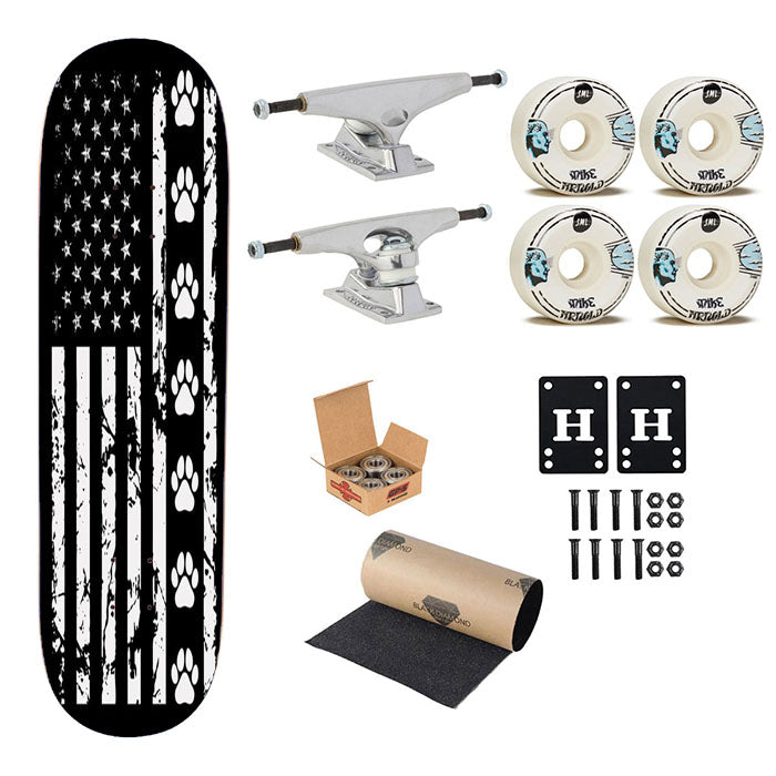 American Flag With Dog Paws Skateboard Complete Board 8.0" X 31.75"