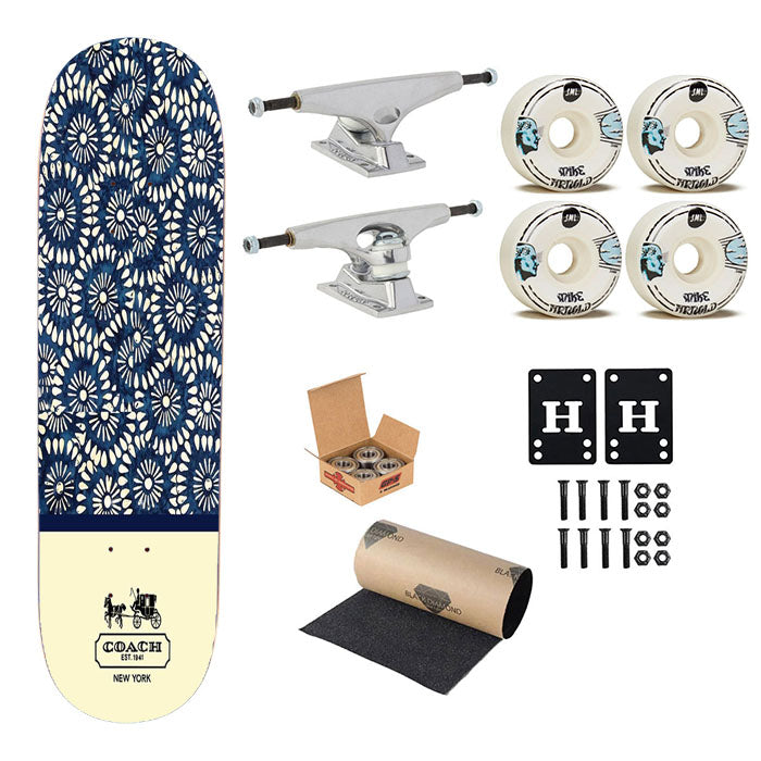 Coach New York Blue Floral Batik Skateboard Complete Board 8.0" X 31.75"