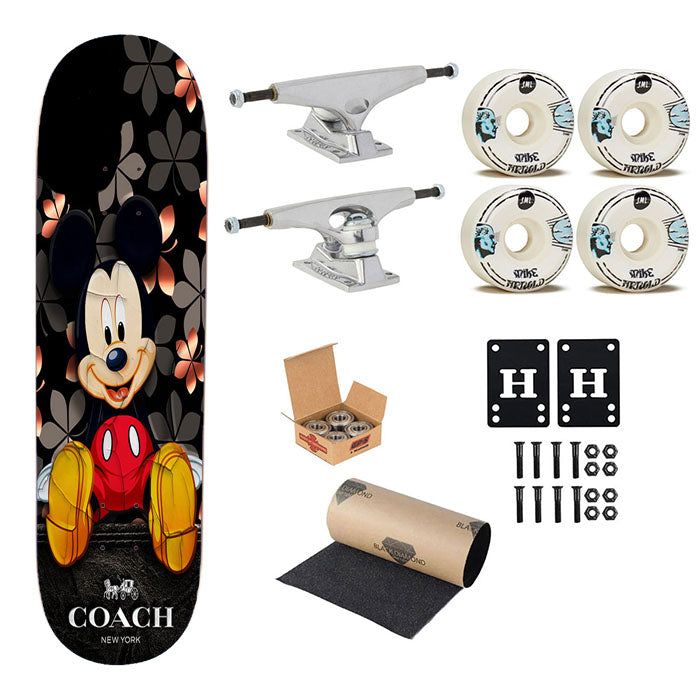 Mickey Mouse Coach Black Flowers Skateboard Complete Board 8.0" X 31.75"