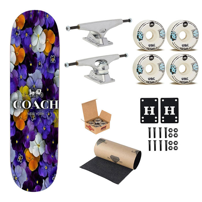 Purple Flowers Coach New York Skateboard Complete Board 8.0" X 31.75"