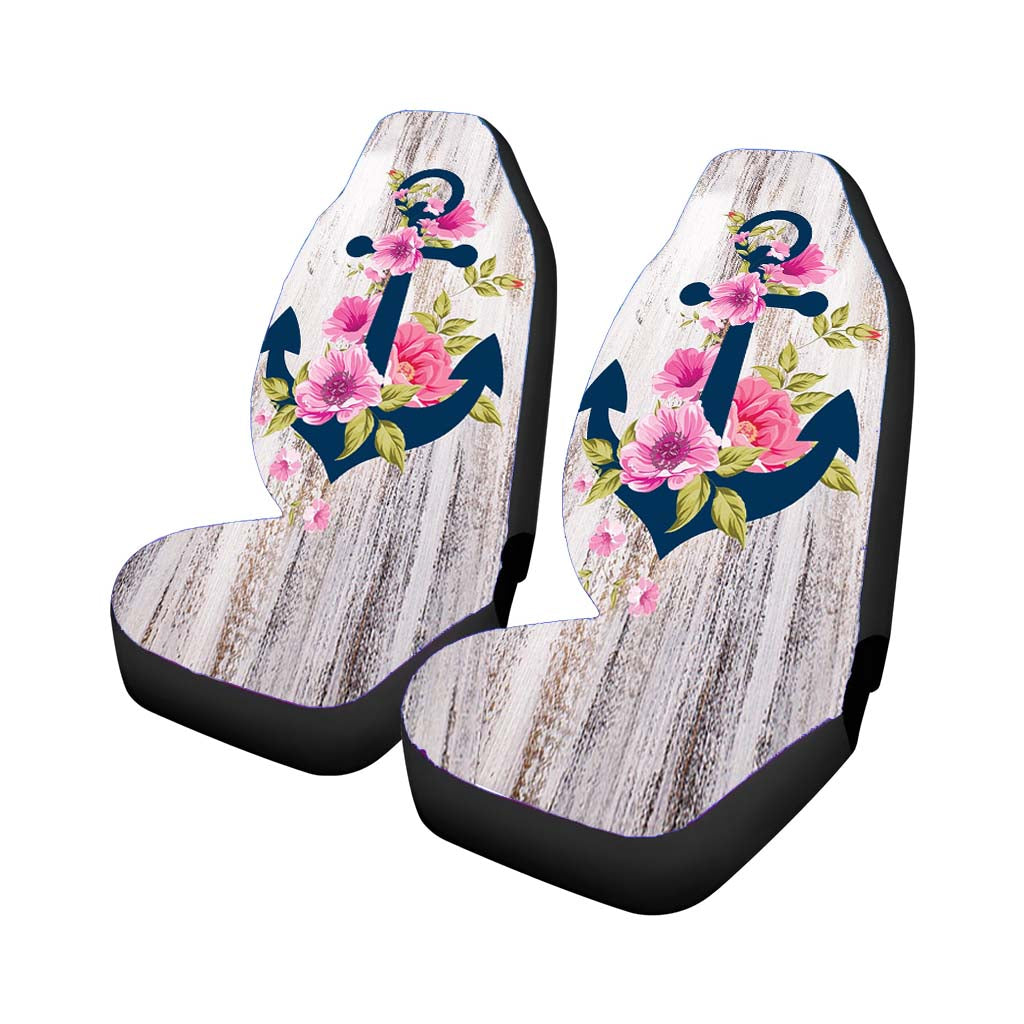 Navy Blue Anchor X Flowers X Wood Design Car Front Seat Covers