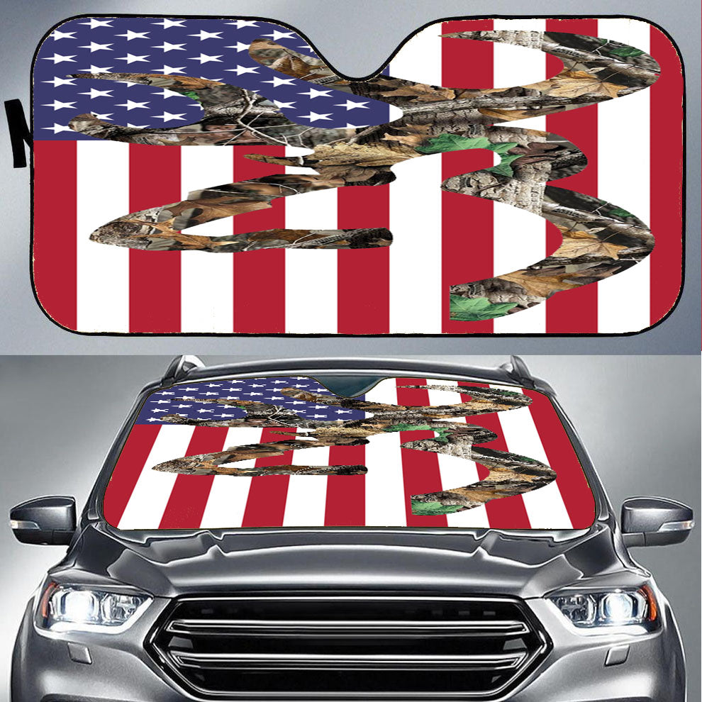 Browning Deer Camo American Flag Car Auto Sun Shade Windshield Cover