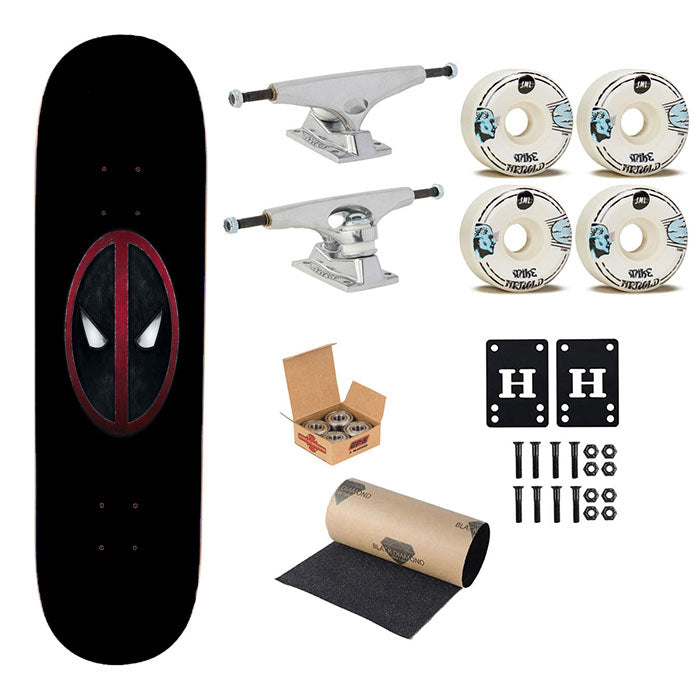 Metalic Circle Deadpool Logo Skateboard Complete Board 8.0" X 31.75"