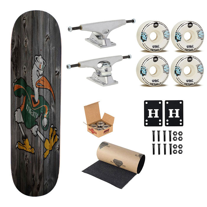 Miami Hurricanes University Logo Dark Wood Wallpaper Skateboard Complete Board 8.0" X 31.75"