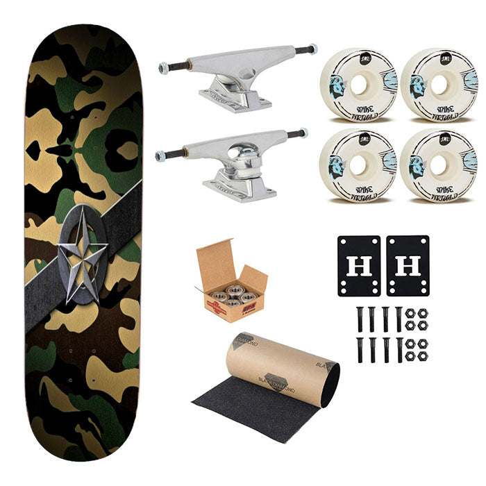 Military Star Green Camo Skateboard Complete Board 8.0" X 31.75"