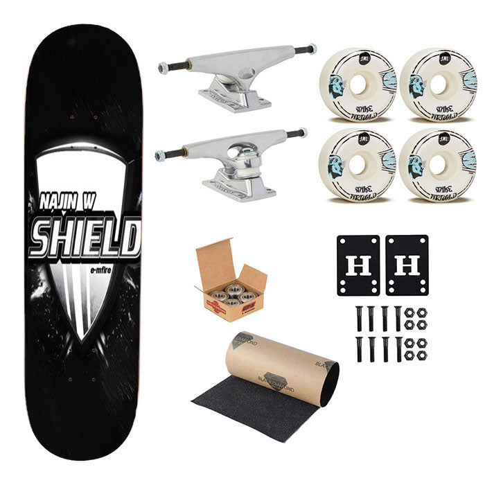 Najin White Shield Logo Skateboard Complete Board 8.0" X 31.75"