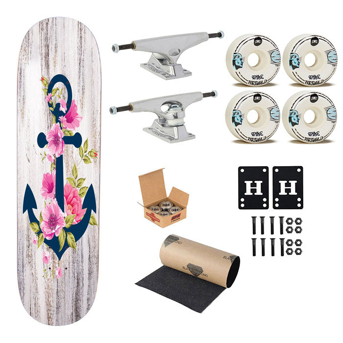 Navy Blue Anchor X Flowers X Wood Design Skateboard Complete Board 8.0" X 31.75"