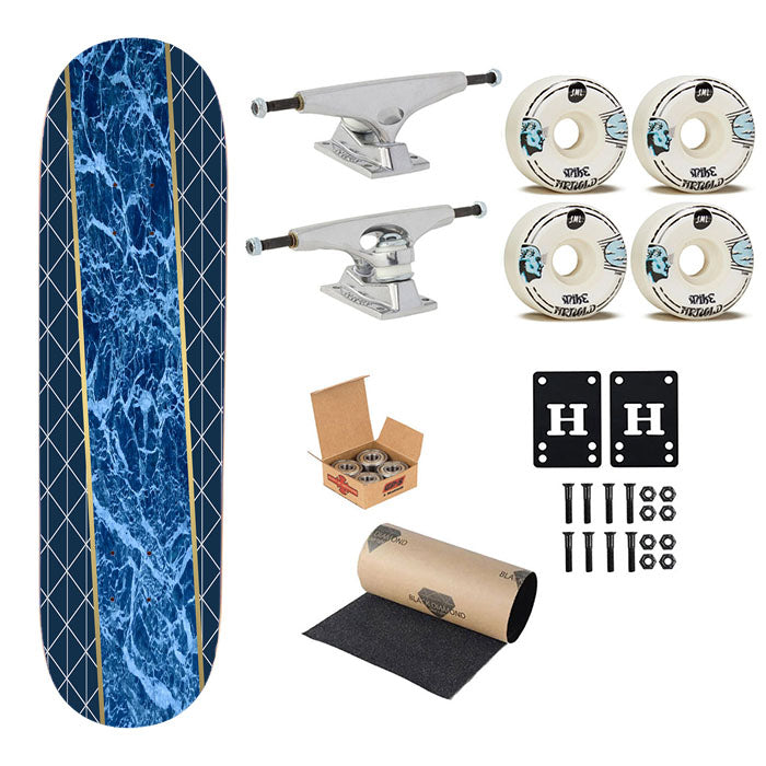 Navy White Marble Geometric Triangle And Gold Line Pattern Skateboard Complete Board 8.0" X 31.75"