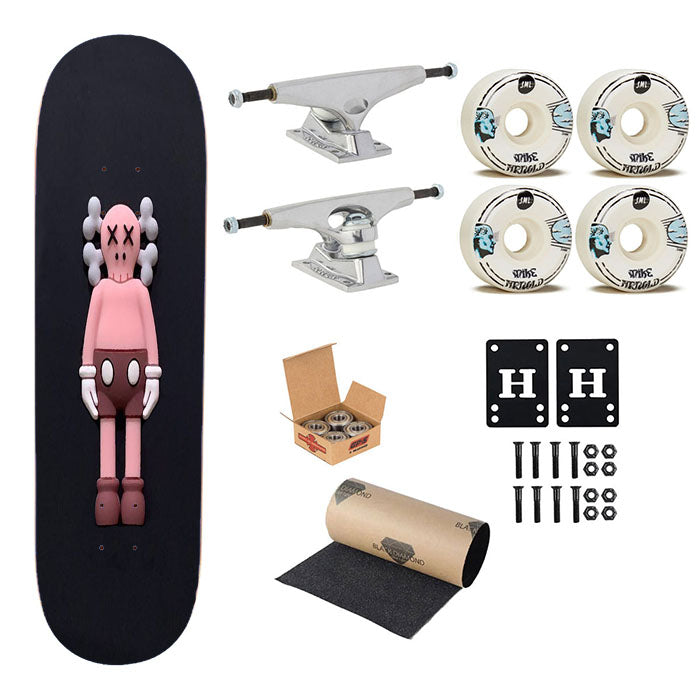 New York Kaws Pink On Black Skateboard Complete Board 8.0" X 31.75"