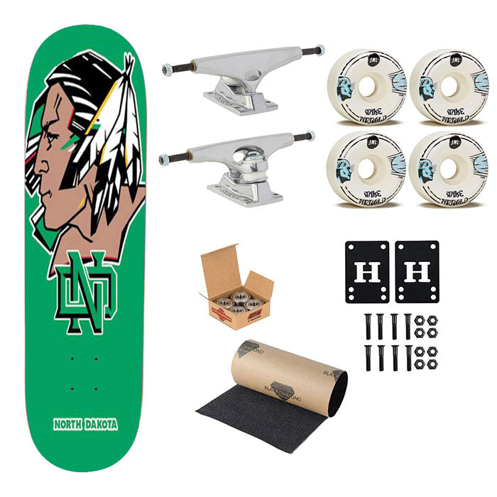 North Dakota Sioux Big Logo Green Bkg Skateboard Complete Board 8.0" X 31.75"
