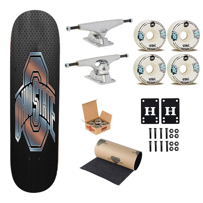 Ohio State Silver Metal Emblem Skateboard Complete Board 8.0" X 31.75"