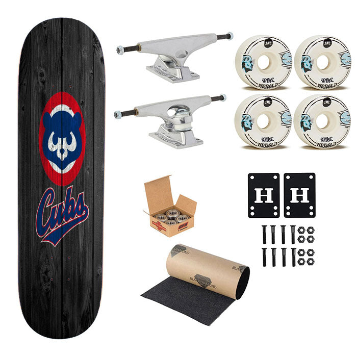 Old Chicago Cubs Bear Mlb Logo Dark Wood Skateboard Complete Board 8.0" X 31.75"
