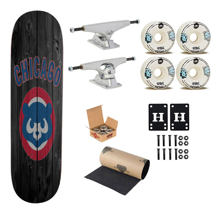 Old Chicago Cubs Mlb Logo Dark Wood Wallpaper Skateboard Complete Board 8.0" X 31.75"