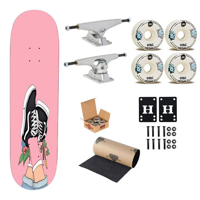 Old Skool Vans Shoes Pink Socks Flower Art Skateboard Complete Board 8.0" X 31.75"