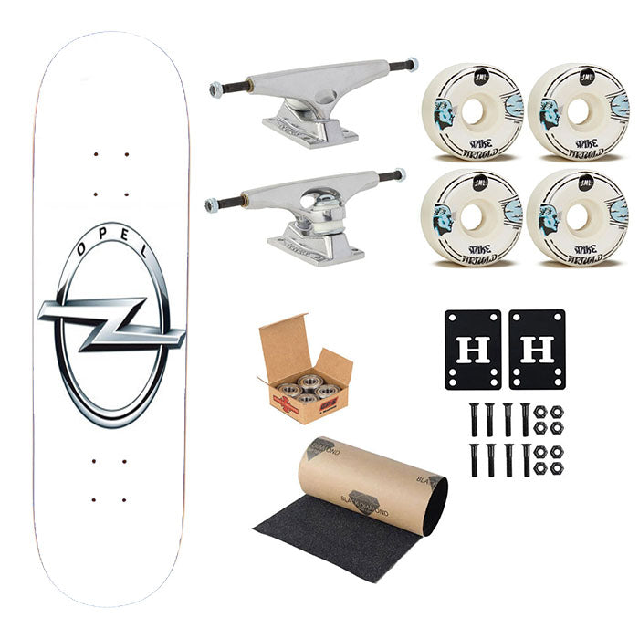Opel White Skateboard Complete Board 8.0" X 31.75"